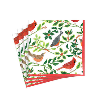Caspari Songbirds and Holly Paper Cocktail Napkins in White - 20 Per Package 17160C