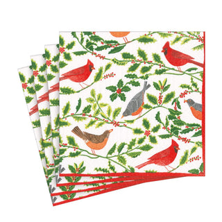 Caspari Songbirds and Holly Paper Luncheon Napkins in White - 20 Per Package 17160L