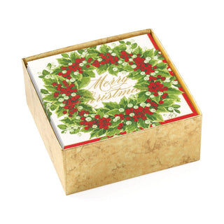 Caspari Holly and Berry Wreath Merry Christmas Paper Cocktail Napkins - 40 Per Box 17190B