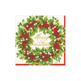 Caspari Holly and Berry Wreath Merry Christmas Paper Cocktail Napkins - 20 Per Package 17190C