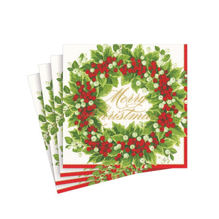 Caspari Holly and Berry Wreath Merry Christmas Paper Cocktail Napkins - 20 Per Package 17190C