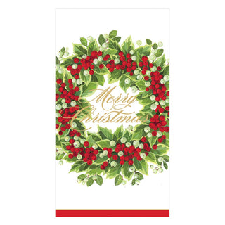 Caspari Holly and Berry Wreath Merry Christmas Paper Guest Towel Napkins - 15 Per Package 17190G