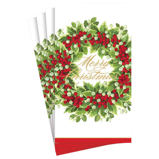 Caspari Holly and Berry Wreath Merry Christmas Paper Guest Towel Napkins - 15 Per Package 17190G