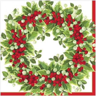 Caspari Holly and Berry Wreath Paper Dinner Napkins - 20 Per Package 17191D