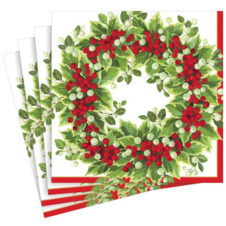 Caspari Holly and Berry Wreath Paper Dinner Napkins - 20 Per Package 17191D