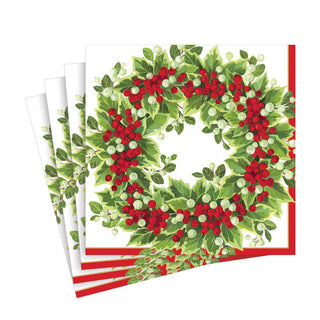 Caspari Holly and Berry Wreath Paper Luncheon Napkins - 20 Per Package 17191L