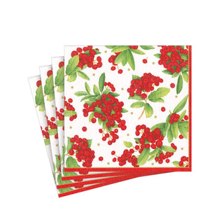 Caspari Christmas Berry Paper Cocktail Napkins in Red - 20 Per Package 17230C