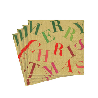 Caspari Merry Christmas Toss Paper Cocktail Napkins in Gold - 20 Per Package 17260C
