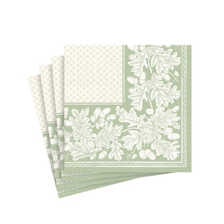 Caspari Oak Leaves & Acorns Paper Linen Cocktail Napkins in Sage Green & Ivory - 15 Per Package 17291CG