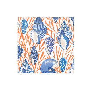 Caspari Shell Toile Boxed Cocktail Napkins in Coral & Blue - 40 Per Box 17340B
