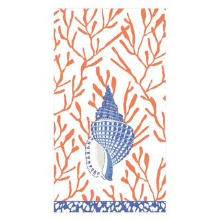Caspari Shell Toile Guest Towel Napkins in Coral & Blue - 15 Per Package 17340G
