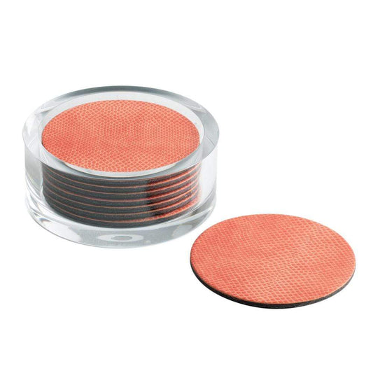 Caspari Round Snakeskin Felt-Backed Coasters & Holder Gift Set in Coral 4006CR-HWC02