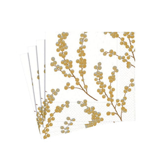 Caspari Berry Branches Paper Cocktail Napkins in White & Gold - 20 Per Package 5724C