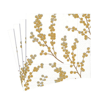 Caspari Berry Branches Paper Luncheon Napkins in White & Gold - 20 Per Package 5724L
