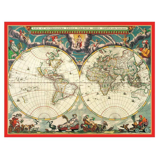 Caspari World Map with Red Border Large Boxed Christmas Cards - 16 Cards & 16 Envelopes 86313