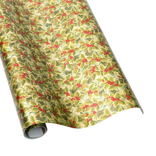 Caspari Holly and Mistletoe Gift Wrapping Paper on Gold Foil - 30" x 6' Roll 97910RCF