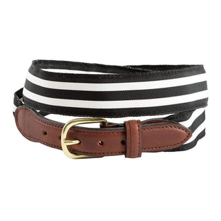 Barrons-Hunter Black & White Stripe Grosgrain Belt with Brown Leather