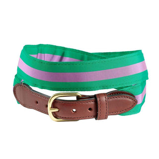 Barrons-Hunter Green & Purple Stripe Grosgrain Belt with Brown Leather