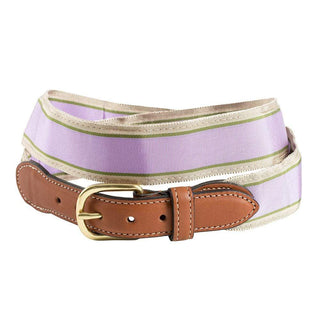 Barrons-Hunter Lavender, Tan & Green Stripe Grosgrain Belt with Brown Leather