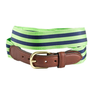 Barrons-Hunter Lime & Navy Stripe Grosgrain Belt with Brown Leather