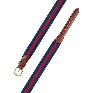 Barrons-Hunter Navy & Burgundy Stripe Grosgrain Belt with Brown Leather