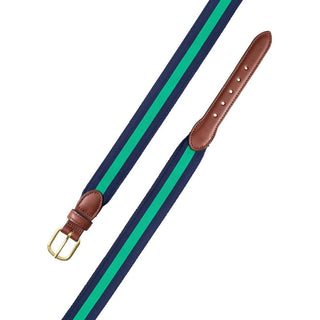 Barrons-Hunter Navy & Green Stripe Grosgrain Belt with Brown Leather