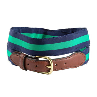 Barrons-Hunter Navy & Green Stripe Grosgrain Belt with Brown Leather