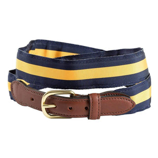 Barrons-Hunter Navy & Maize Stripe Grosgrain Belt with Brown Leather