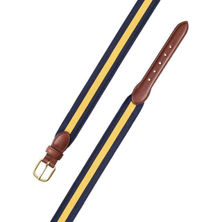 Barrons-Hunter Navy & Maize Stripe Grosgrain Belt with Brown Leather