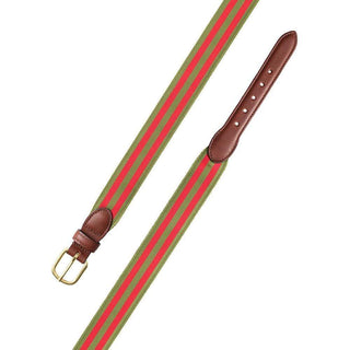 Barrons-Hunter Olive & Red Stripe Grosgrain Belt with Brown Leather