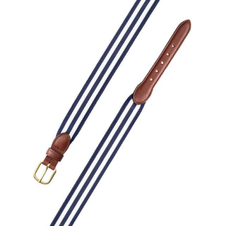 Barrons-Hunter White & Navy Stripe Grosgrain Belt with Brown Leather