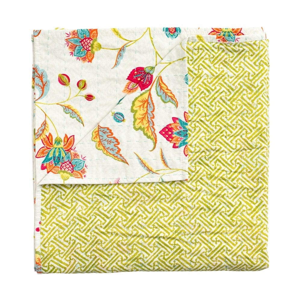 Caspari Reversible Kantha Table Cover in Passage to India & Green Fretwork - 1 Each FTC001