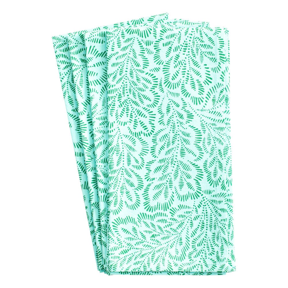 Caspari Block Print Leaves Cotton Dinner Napkins in Turquoise & Green - Set of 4 FTN007B