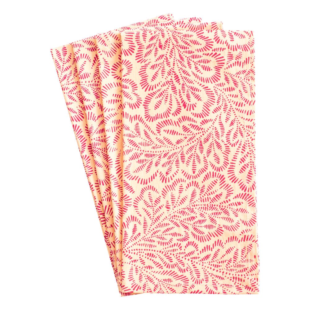 Block Print Leaves Cotton Dinner Napkins in Coral & Fuchsia