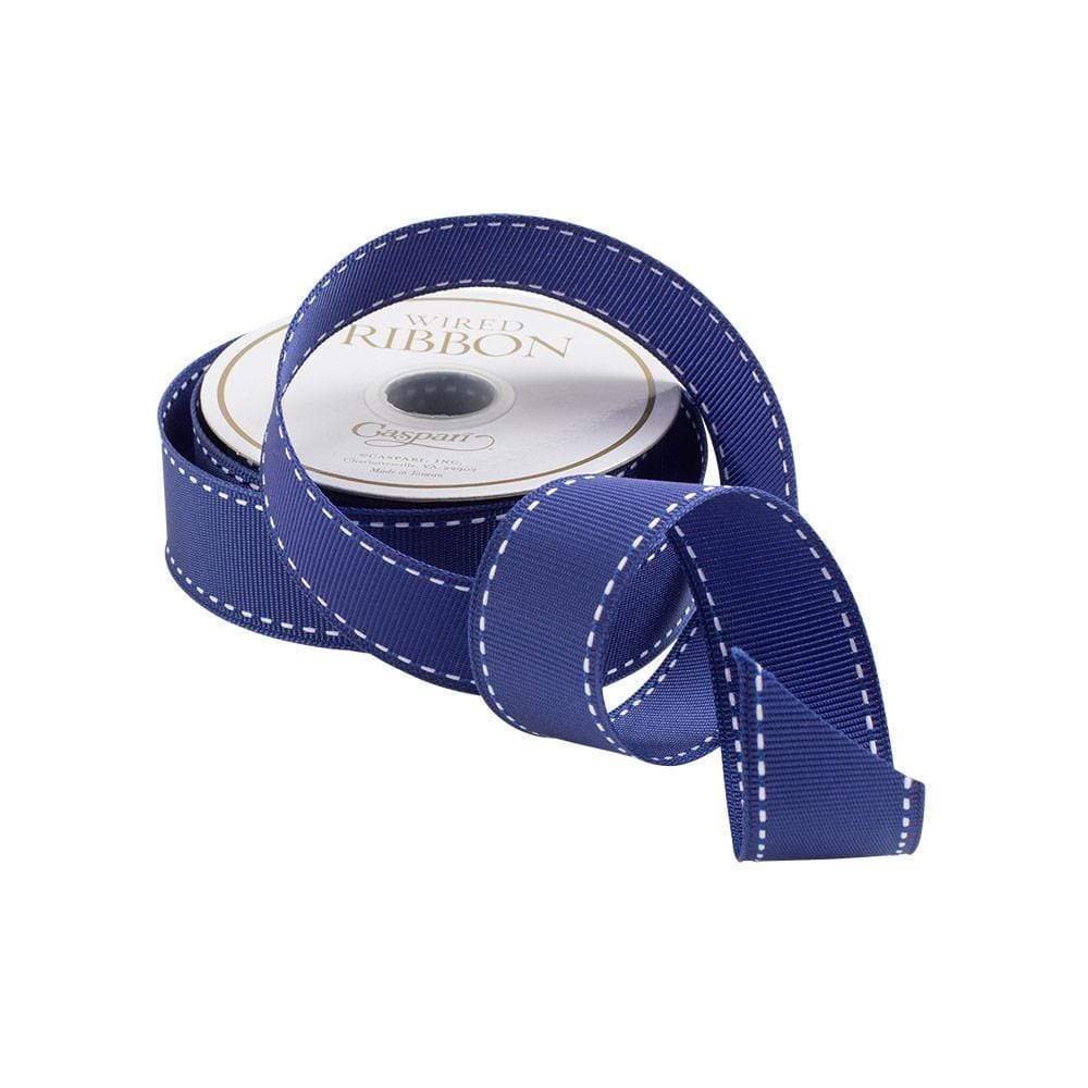 Caspari Grosgrain Stitch Wired Ribbon, Marine Blue and White