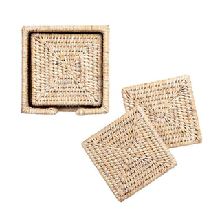 Caspari Rattan Square Coasters & Holder in White Natural - Set of 6 RS.24W