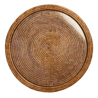 Caspari Rattan & Glass Round Serving Platter in Dark Natural - 1 Each RT.478