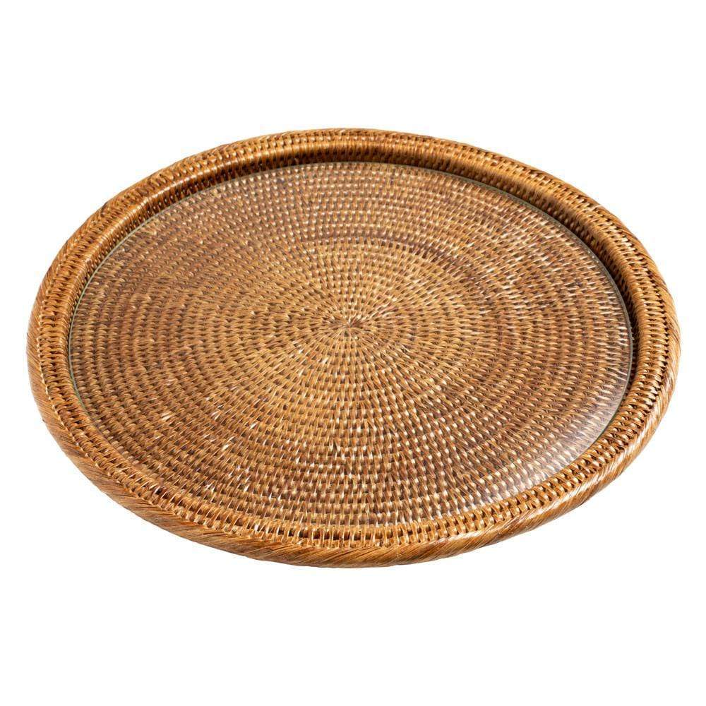 caspari Rattan Glass Round Serving Platter in Dark Natural